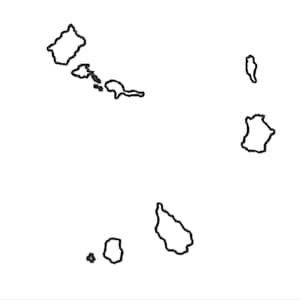 May include: A black and white line drawing of a map of the islands of the Caribbean.