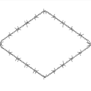 May include: A black and white illustration of a diamond shape formed by barbed wire. The barbed wire is a continuous line, creating a geometric design on a white background. The image is a simple, graphic representation.