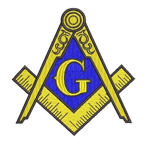 May include: Embroidered Masonic symbol. It features a yellow square and compass design with a blue center and a gold letter "G". The symbol is set against a white background.