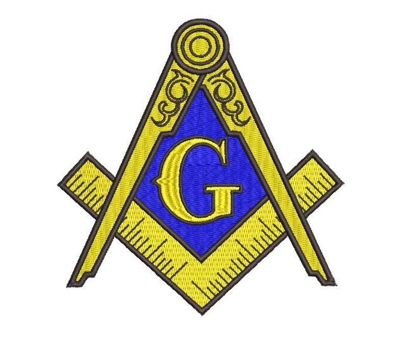 May include: Embroidered Masonic symbol. It features a yellow square and compass design with a blue center and a gold letter "G". The symbol is set against a white background.