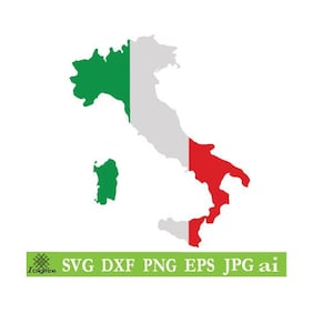 May include: A green, white, and red outline of Italy with the colors of the Italian flag. The outline includes the island of Sardinia and Sicily.