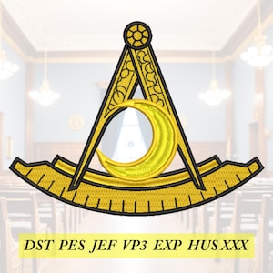 May include: Embroidered Masonic emblem with a yellow crescent moon, compass, and protractor design with black outlines. The text "DST PES JEF VP3 EXP HUS XXX" is displayed at the bottom. The background is a blurred image of a room.