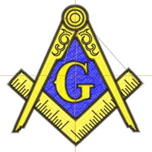 May include: A yellow and black Masonic symbol with a compass and a square, set against a white backdrop. A blue diamond in the center contains the letter "G".