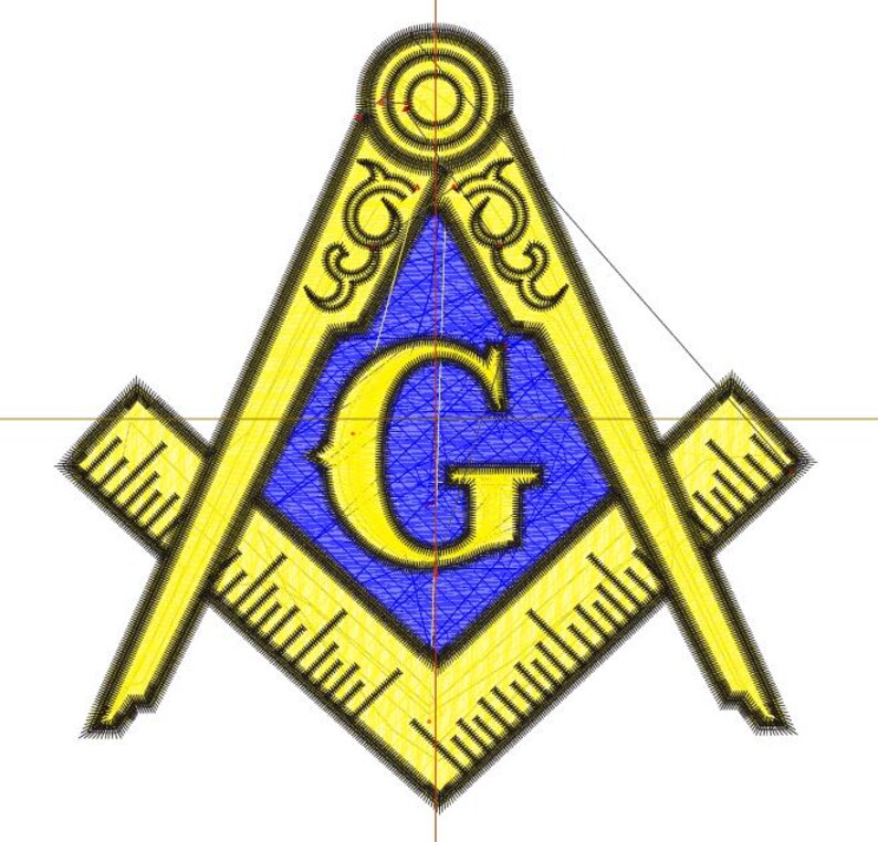 May include: A yellow and black Masonic symbol with a compass and a square, set against a white backdrop. A blue diamond in the center contains the letter "G".