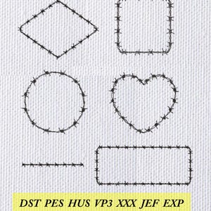 Könnte beinhalten: Eine Sammlung schwarzer Stacheldrahtformen auf weißem Hintergrund. Die Formen umfassen eine Raute, ein Quadrat, einen Kreis, ein Herz, ein Rechteck und eine gerade Linie. Der Text "DST PES HUS VP3 XXX JEF EXP" befindet sich unten.