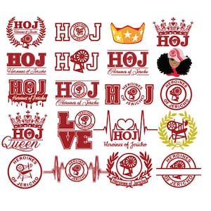 May include: A collection of red and gold graphic designs featuring the text "HOJ" and "Heroines of Jericho". The designs include a crown, a spinning wheel, a heart, and a wreath.