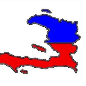 May include: A stylized map of Haiti, divided horizontally into blue and red sections, outlined in gray. The map is set against a white background.