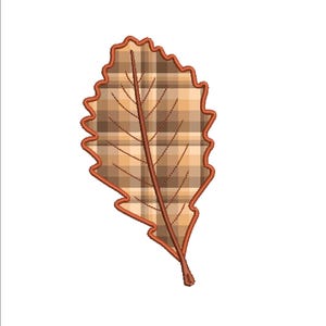May include: A stylized leaf design with a plaid pattern in shades of brown and tan. The leaf has a brown outline and a central stem. The design is likely for embroidery or a similar craft project.