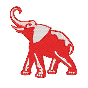Op de afbeelding: Rode olifant silhouet met witte omtrek, een gestileerd ontwerp voor een politiek partijsymbool.