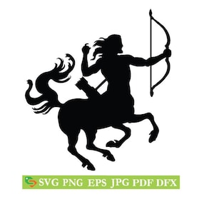 Könnte beinhalten: Schwarze Silhouette eines Zentauren mit Bogen und Pfeil. Der Zentaur ist nach rechts gerichtet und hat einen menschlichen Oberkörper und einen Pferdekörper.