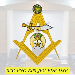 May include: A gold Masonic symbol featuring a compass and square, a sword, and an Egyptian-inspired emblem. The image includes the text "SVG PNG EPS JPG PDF DXF" in a yellow banner.