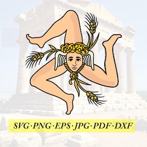May include: A stylized illustration of the Trinacria, the symbol of Sicily, featuring a face with three legs, wheat, and wings. The image is in yellow, black, and tan, with the text "SVG PNG EPS JPG PDF DXF" in a yellow rectangle.