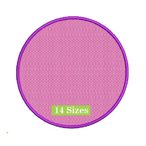 May include: Purple circle embroidery design with a pink center and the text "14 Sizes" in green.