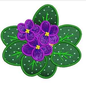 May include: Purple and yellow flowers with green leaves with white polka dots. The flowers are clustered together in the center of the image.