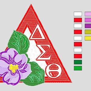 May include: A red triangle with a white interior and the letters "&Delta;&Sigma;&Theta;" in white. A purple flower with yellow center and green leaves is in the lower left corner.