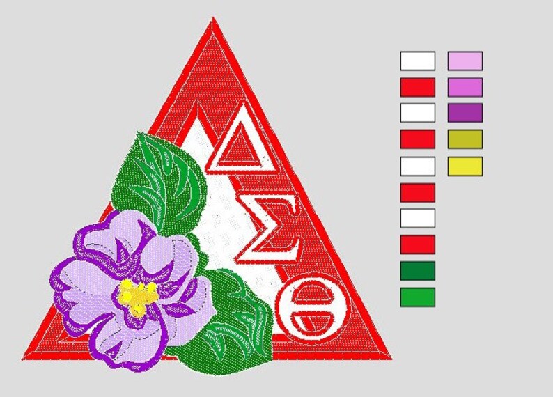 May include: A red triangle with a white interior and the letters "&Delta;&Sigma;&Theta;" in white. A purple flower with yellow center and green leaves is in the lower left corner.