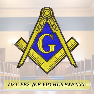 May include: Embroidered Masonic symbol featuring a yellow square and compass design with a blue center and a gold letter "G". The symbol is set against a blurred background of a room with chairs and the text "DST PES JEF VP3 HUS EXP XXX" at the bottom.