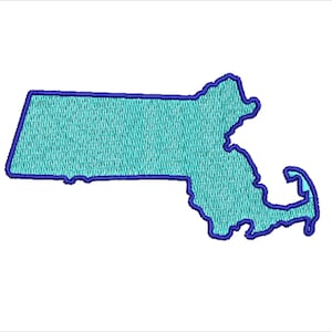 May include: Embroidered patch in the shape of the state of Massachusetts. The state outline is teal with a dark blue border, set against a white background. The patch is likely for clothing or accessories.