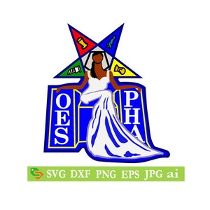 May include: A blue and yellow OES PHA emblem with a five-pointed star and a woman in a white dress sitting on a throne.