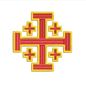 May include: A red cross with four smaller crosses inside, all outlined in yellow. The cross is a religious symbol.