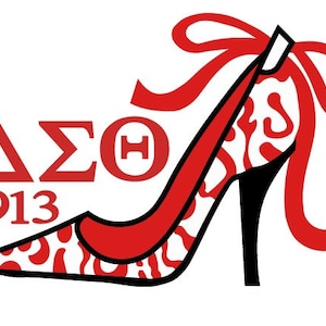 May include: A red and white high-heeled shoe with a red bow. The shoe has a white background with red swirls. The text "&Delta;&Sigma;&Theta; 1913" is in red letters.