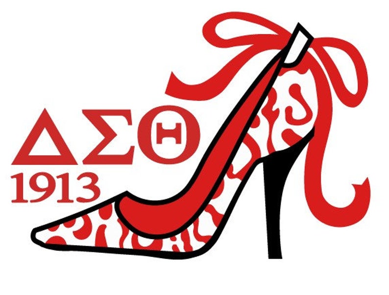 May include: A red and white high-heeled shoe with a red bow. The shoe has a white background with red swirls. The text "&Delta;&Sigma;&Theta; 1913" is in red letters.
