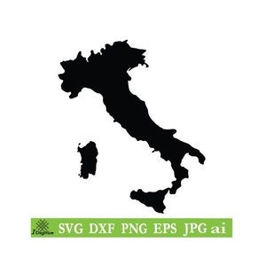 May include: A black silhouette of the country of Italy. The outline of the boot-shaped peninsula is clearly visible, along with the island of Sicily.
