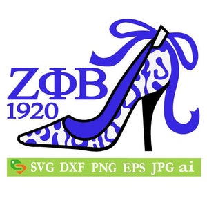 May include: A blue and white high-heeled shoe design with the text "Z&Phi;B 1920". The shoe has a blue bow and a black heel. The design includes SVG, DXF, PNG, EPS, JPG, and AI file formats.