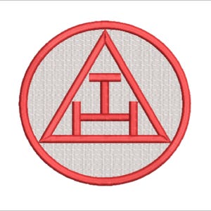 May include: Red circle with a white background and a red triangle inside. The triangle has a red horizontal line across the middle and two red horizontal lines at the bottom.