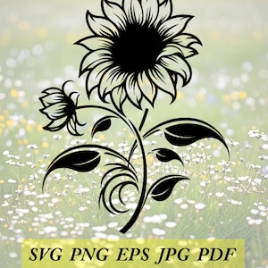 Könnte beinhalten: Schwarz-weiße Sonnenblumen-Illustration mit detaillierten Blütenblättern, Blättern und Stiel. Das Bild enthält eine kleinere Knospe und den Text "SVG PNG EPS JPG PDF" in einem gelben Rechteck, vor einem verschwommenen floralen Hintergrund.