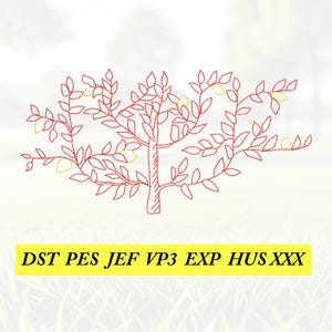 Puede incluir: Diseño de árbol bordado en rojo con hojas y pequeños acentos amarillos. El árbol tiene un tronco y ramas marrones con una apariencia delicada y cosida. El texto "DST PES JEF VP3 EXP HUS XXX" está en un rectángulo amarillo debajo.
