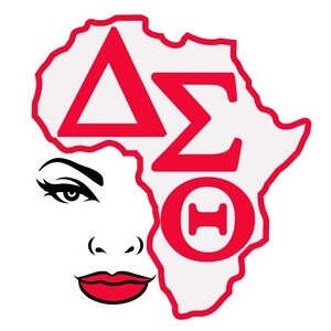 May include: A red outline of the continent of Africa with the Greek letters Delta, Sigma, and Theta inside. A stylized black and white illustration of a woman's face is partially obscured by the outline of Africa.