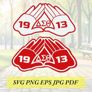 May include: Two red and white graphics featuring hands forming a triangle with the Greek letters ΔΣΘ and the numbers 19 and 13. The bottom of the image has the text "SVG PNG EPS JPG PDF".