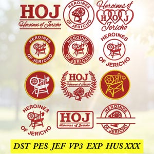 Może przedstawiać: Kolekcja czerwonych i złotych haftowanych logo i emblematów. Projekty zawierają tekst "HOJ Heroines of Jericho" oraz obrazy kołowrotka. Loga mają różne kształty, w tym koła, serca i prostokąty.