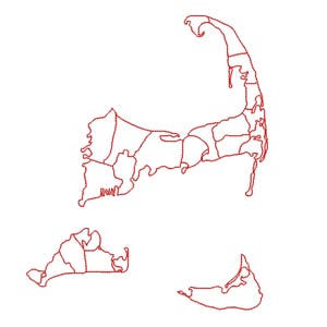 Peut inclure: Un contour rouge de la péninsule de Cape Cod et des îles environnantes, divisé en sections. L'image est un simple dessin au trait sur fond blanc, adapté aux travaux manuels ou à des fins éducatives.