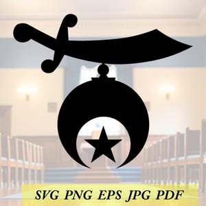 May include: Black silhouette graphic featuring a curved sword above a crescent moon and star design. The text "SVG PNG EPS JPG PDF" is displayed at the bottom. The image is set against a blurred background.