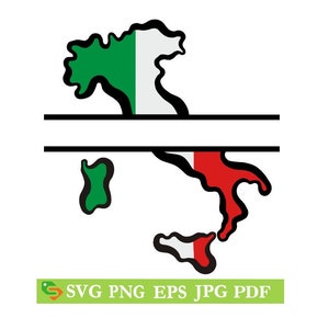 May include: A black and white outline of the Italian peninsula with the Italian flag colors, green, white, and red, filling the map. The map is split in half by a horizontal line.