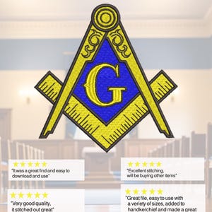 May include: Embroidered patch of a Masonic symbol. The design features a yellow square and compass with a blue centre and a gold letter "G". The patch has a black border. The background is blurred.