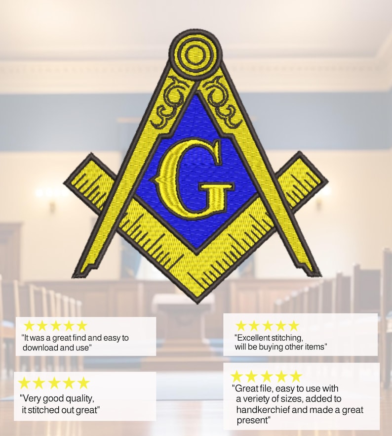 May include: Embroidered patch of a Masonic symbol. The design features a yellow square and compass with a blue centre and a gold letter "G". The patch has a black border. The background is blurred.