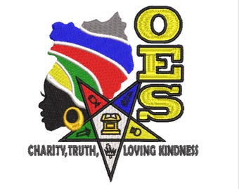 May include: A yellow, black, green, blue and red five-pointed star with the letters "OES" in yellow above it. The star has the words "Charity, Truth, Loving Kindness" around it. A black silhouette of a woman's head with a colourful head wrap is to the left of the star.