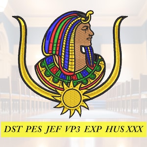 May include: An embroidery design featuring a profile of an Egyptian pharaoh wearing a colorful striped headdress and a wide collar necklace, framed by two curved yellow horns and a sun symbol, with the text DST PES JEF VP3 EXP HUS XXX below.