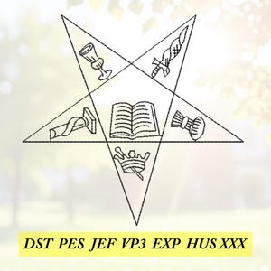May include: A black line drawing of a star with symbols inside, including a chalice, sword, open book, and crown. The text "DST PES JEF VP3 EXP HUS XXX" is in a yellow rectangle at the bottom.