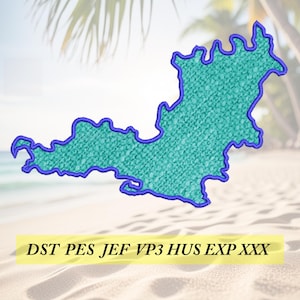 May include: A teal-colored embroidered patch in the shape of a landmass, outlined in blue. The patch has a textured appearance. Below the patch is a yellow rectangle with the text "DST PES JEF VP3 HUS EXP XXX".