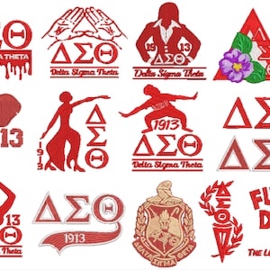 Pode incluir: Uma coleção de patches bordados vermelhos e brancos com as letras gregas Delta Sigma Theta, o ano de 1913 e vários outros desenhos, incluindo um elefante, uma mulher com um vestido e um gesto de mão.