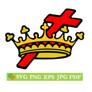 Puede incluir: Una corona dorada con una cruz roja y una franja roja. La corona tiene detalles amarillos y un interior rojo. Debajo hay un rectángulo verde con el texto "SVG PNG EPS JPG PDF".