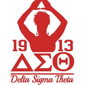 May include: Red silhouette of a person making the Delta Sigma Theta sorority hand sign with the letters "&Delta;&Sigma;&Theta;" and the years "1913" and "1913" below. The text "Delta Sigma Theta" is below the letters.