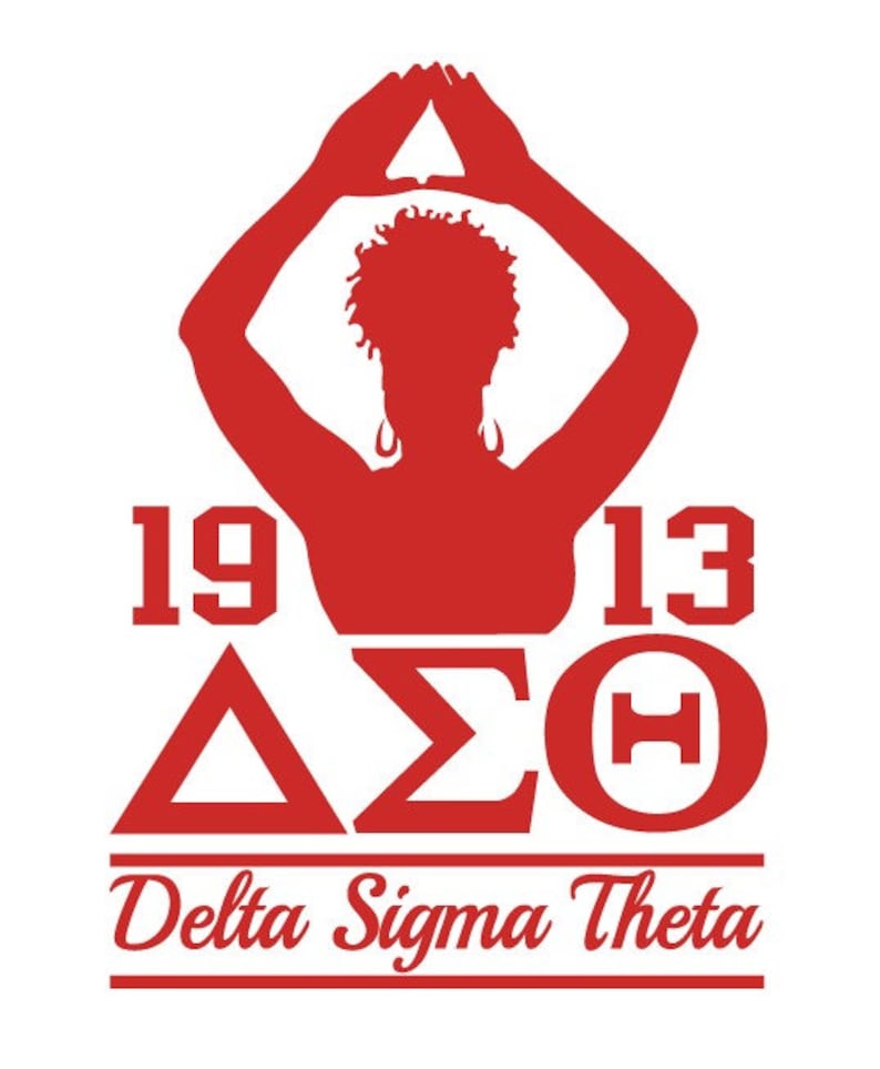 May include: Red silhouette of a person making the Delta Sigma Theta sorority hand sign with the letters "&Delta;&Sigma;&Theta;" and the years "1913" and "1913" below. The text "Delta Sigma Theta" is below the letters.