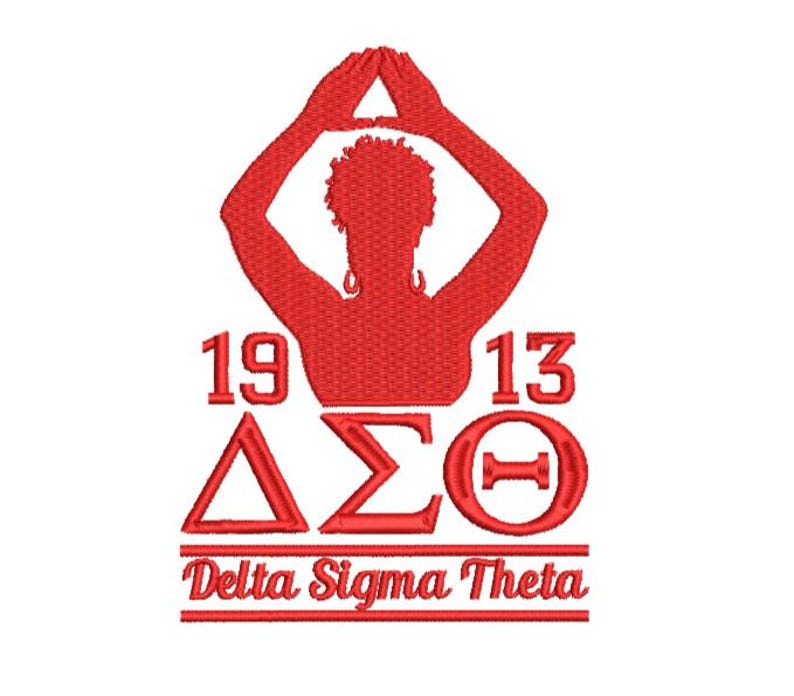 Puede incluir: Dise&ntilde;o bordado en rojo y blanco con la silueta de una persona con los brazos en alto, las letras "&Delta;&Sigma;&Theta;" y el texto "Delta Sigma Theta" con los n&uacute;meros "1913" a cada lado.