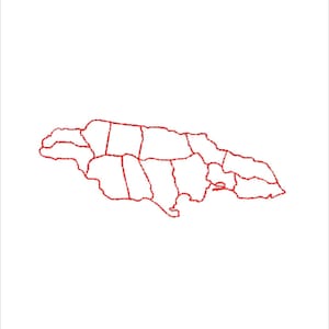 May include: A red outline of the island of Jamaica, divided into parishes. The map is centered on a white background. The red lines are dotted, creating a textured effect. The shape of the island is clearly defined.