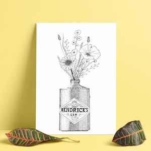 Póster Ramo de Flores Botella Hendrick's - Impresión A5 A4 A3- Edición Limitada - Decoración de Dibujos - Only Wild